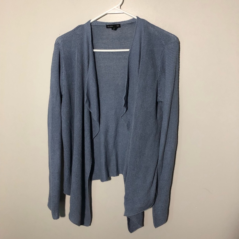 Eileen Fisher open-weave linen cotton blue cardigan draping waterfall front  S